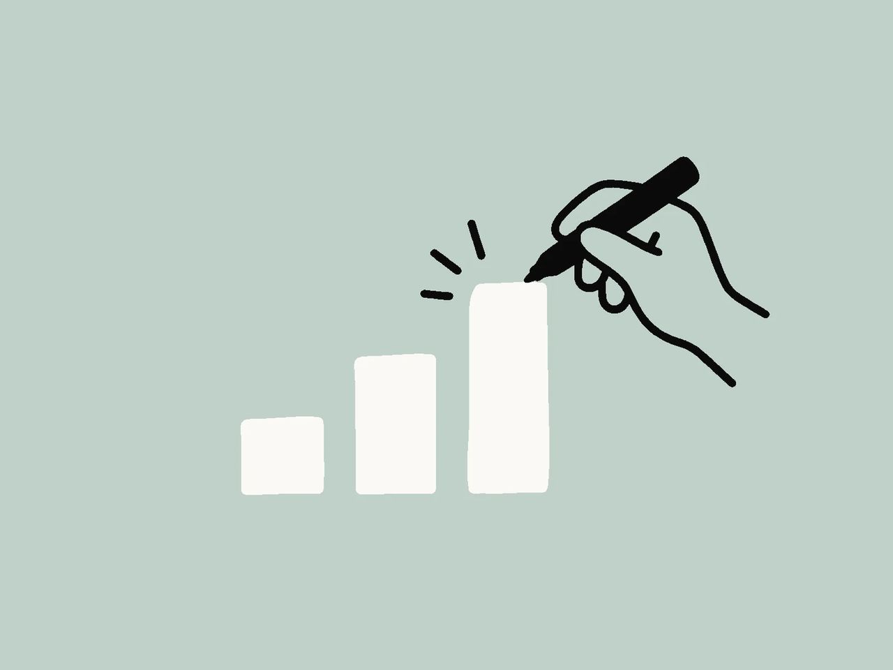 Ilustração: uma mão desenha barras cada vez mais altas que começam a se mover, como o Claude Motion anima um gráfico com código