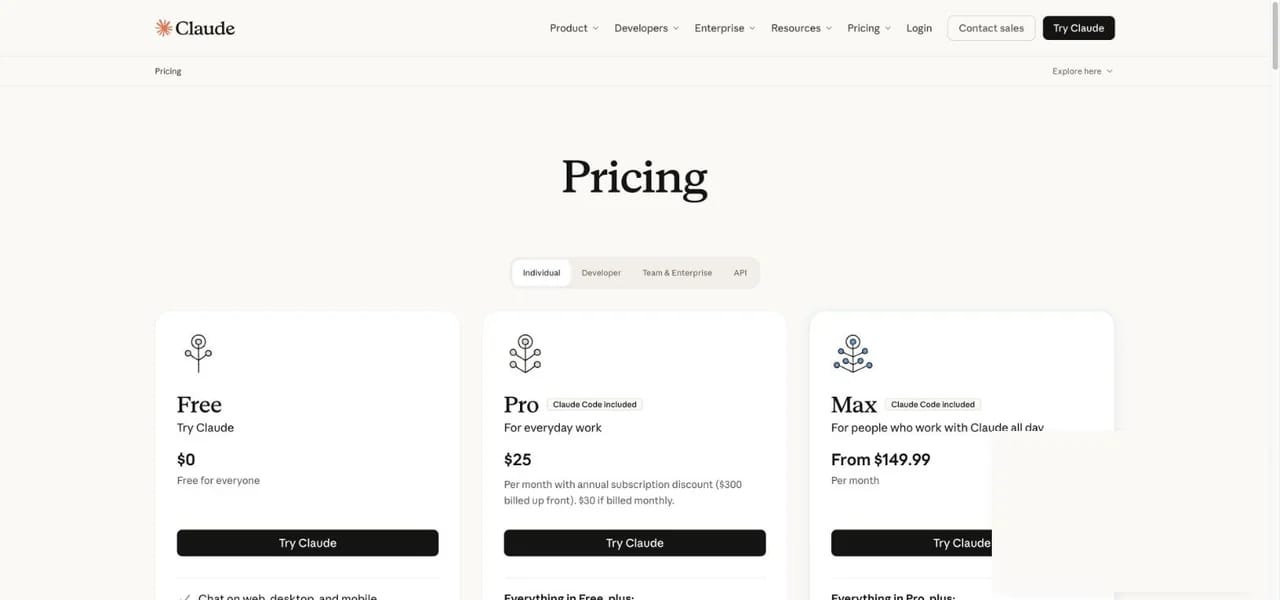 Claude pricing page showing Claude Code included on Pro and Max