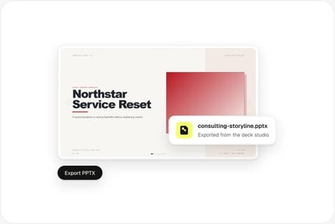 Couverture de la présentation Consulting Storyline avec une carte de fichier .pptx exporté et un bouton Export PPTX