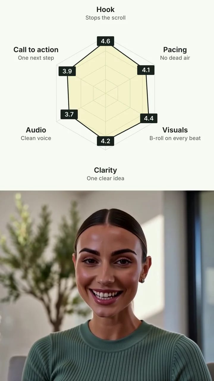 The same radar chart filling the top half of a 9:16 frame, above a talking head