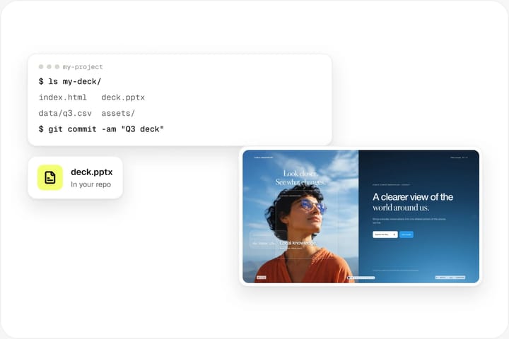 Terminal listet einen Deck-Ordner mit index.html und deck.pptx neben dem Cover von Sky Glass Deck