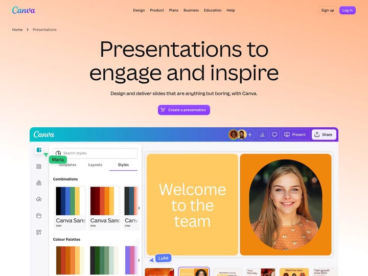 Canva-Präsentationsseite mit Folieneditor