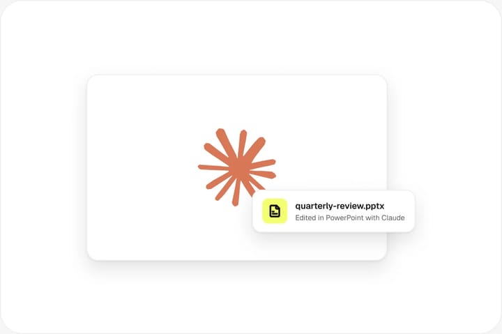 Carte avec le logo Claude à côté d'un fichier PowerPoint modifié avec Claude