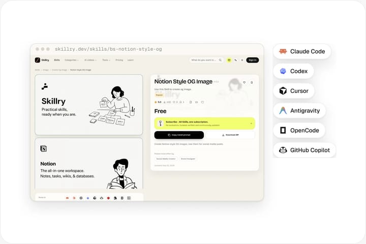 Notion Style OG Image Skill page with logos of Claude Code, Codex, Cursor, Antigravity, OpenCode and GitHub Copilot