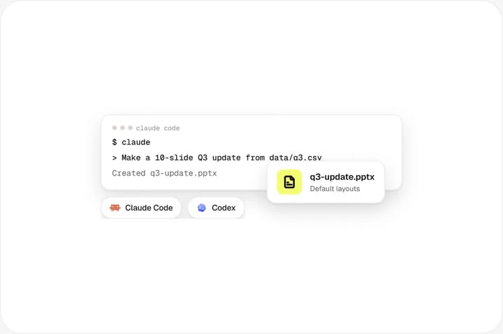 Terminal Claude Code créant q3-update.pptx à partir d'un fichier CSV