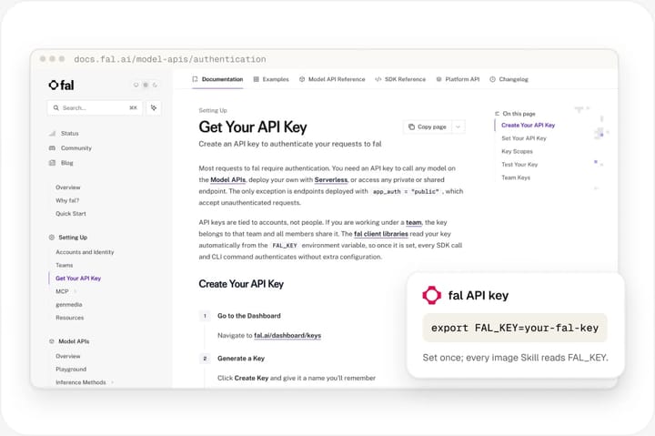 fal docs page Get Your API Key next to a FAL_KEY environment variable card