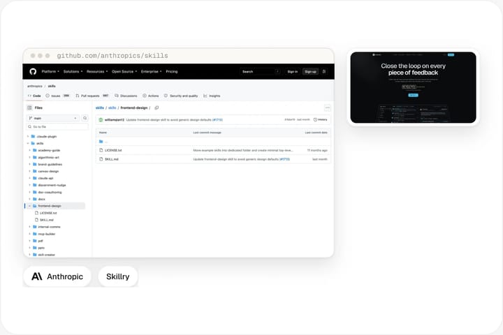 Anthropic-Skills-Repository auf GitHub neben dem Cover des Skills Cadence Marketing Landing