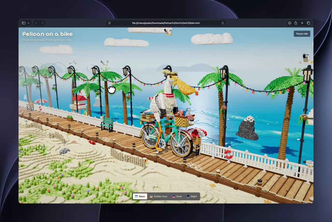 A voxel pelican on a bicycle, day to night
