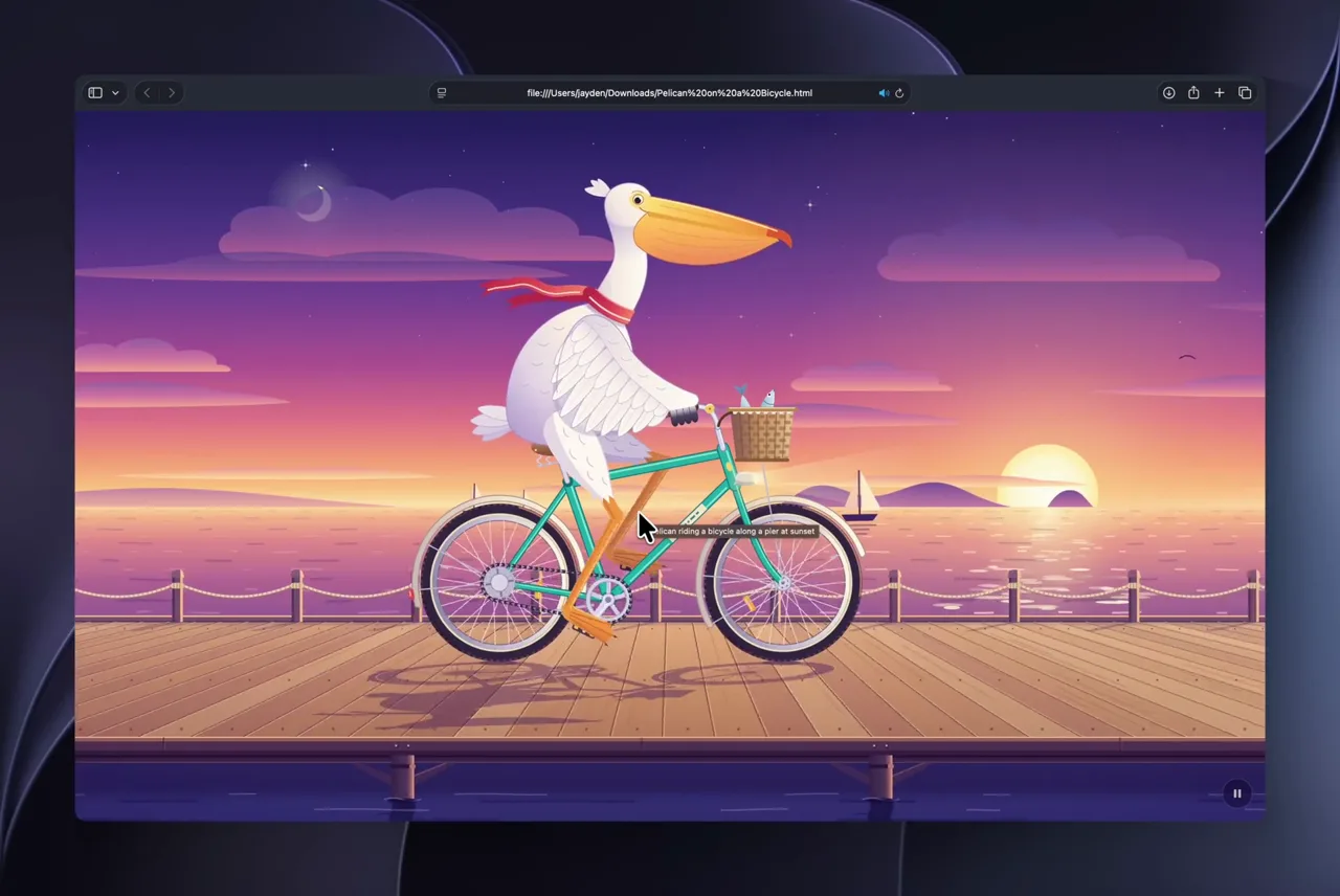A pelican cycling at sunset, in SVG