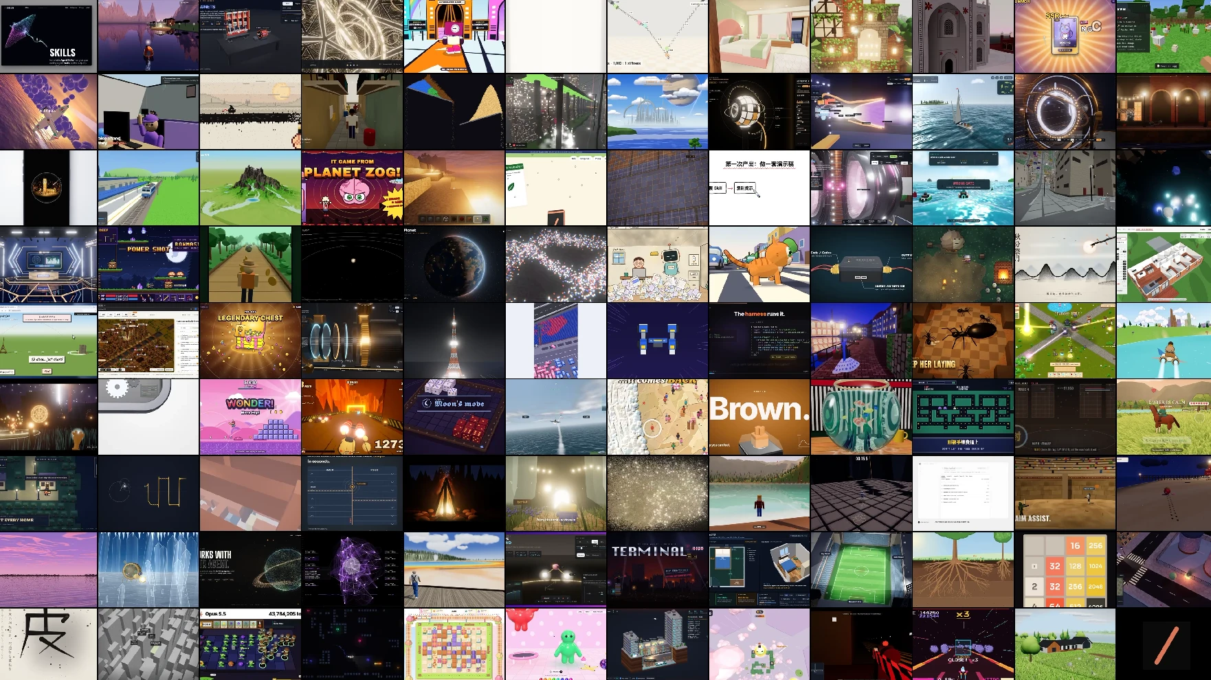 A wall of videos made with Claude Opus 5.5: games, 3D scenes, explainers and motion graphics