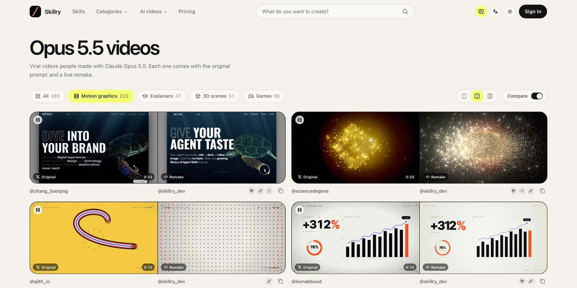The Opus 5.5 videos page on Skillry, showing each original next to its live remake